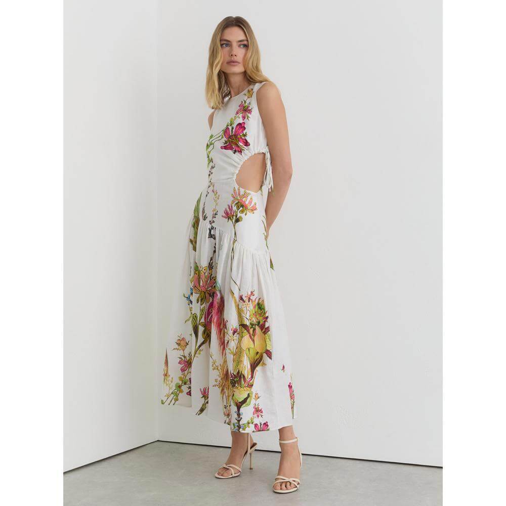 REISS Bianca Linen Floral-Print Cut-Out Midi Dress
